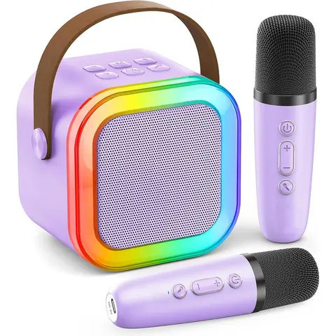 Haomuren Mini Karaoke Machine with 2 Wireless Microphones, Dynamic LED Lights, Portable Bluetooth Speaker, Rechargeable Batteries, USB Type-C, Exceptional Sound Quality - Fun Pick for 3-14 Years Old Kids (Birthdays, Christmas Gift Ideas for Kids)