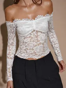 Elegant One-Shoulder Lace Bodycon Top, Ballet Style Off-The-Shoulder Ruched Long Sleeve Blouse, Chic Office Commute Mix & Match, Weekend Party Fit