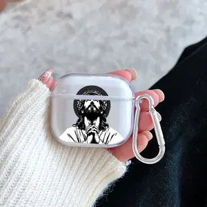 Praying Christ Figure Pattern TPU Soft Protective Case for Apple AirPods 4/3/2/1/Pro/Pro2 Transparent Earphone Cover with Keychain Attachment