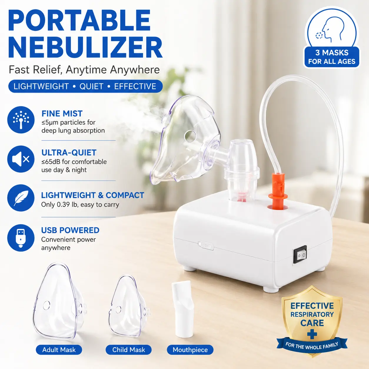 Portable Nebulizer, Mini USB-Powered Compressor Nebulizer with Fast Fine Mist Atomizer, Quiet Operation, Lightweight Design, Adult & Child Masks for Home & Travel, Nebulizer Portable