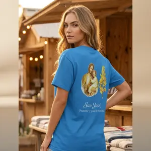 San José Protector T-Shirt - Sky Blue Cotton, Medium Length, Short Sleeve, Crew Neck, Casual Style, 100% Cotton, Perfect for Church & Daily Wear - Top, Fabric