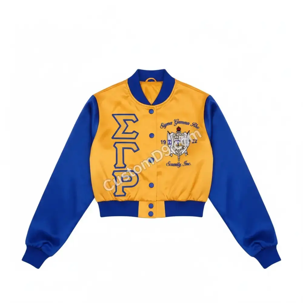 Sigma Gamma Rho Royal Blue & Gold Satin Crop Bomber Jacket – Personalized