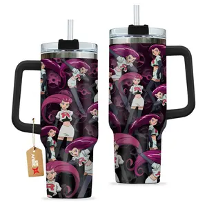 STORMMECH- Jessi Musashi Team Rocket 40oz Handle Tumbler – PKM Stainless Steel Travel Mug, Anime Inspired Vacuum Insulated Cup, Large Iced Coffee Tumbler, Manga Fighter Drinkware, Otaku Gift for Him Her
