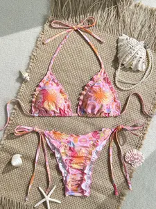 SaltVelvet 2026 Womens Floral Print Ruffle Bikini Set, Halter Triangle Top & Side Tie Bottoms, Sexy Boho 2 Piece Swimsuit for Summer Beach Vacation, Tropical Pool Party & Resort Swimwear