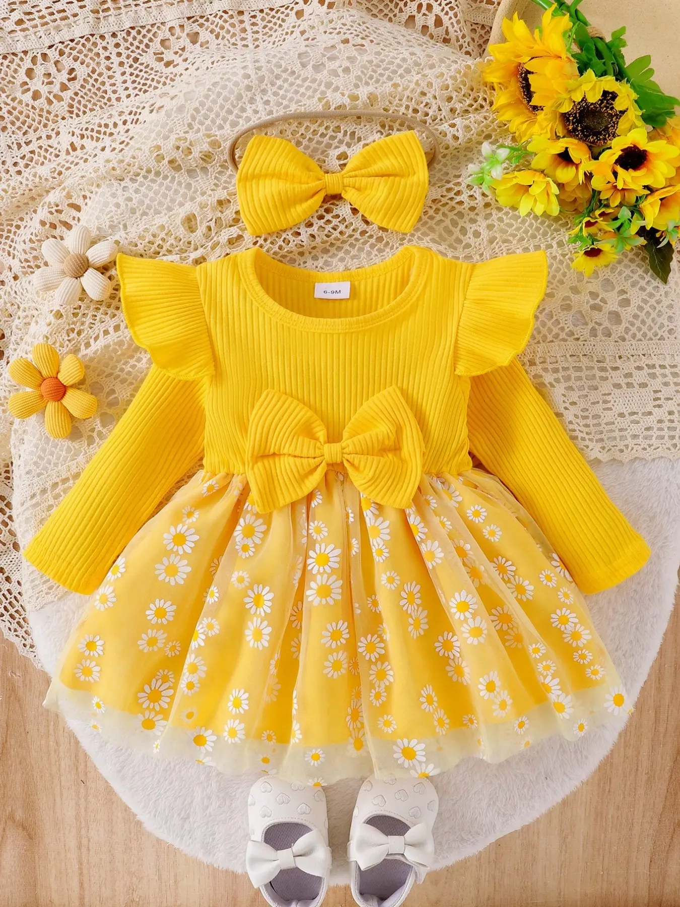 Girls' Butterfly Knot Decorative Patchwork Floral Print Mesh Long Sleeve Dress with Hairband, Birthday Babe Toddler Party Dress, Elegant and Comfortable Design, Toddler Outfit, Toddler Dresses, Baby Clothing