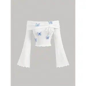 1 women's white off shoulder flared sleeve T-shirt with blue butterfly decoration, cute ruffles, polyester knit fabric, regular length, all season fashionable collar spandex women's shirt