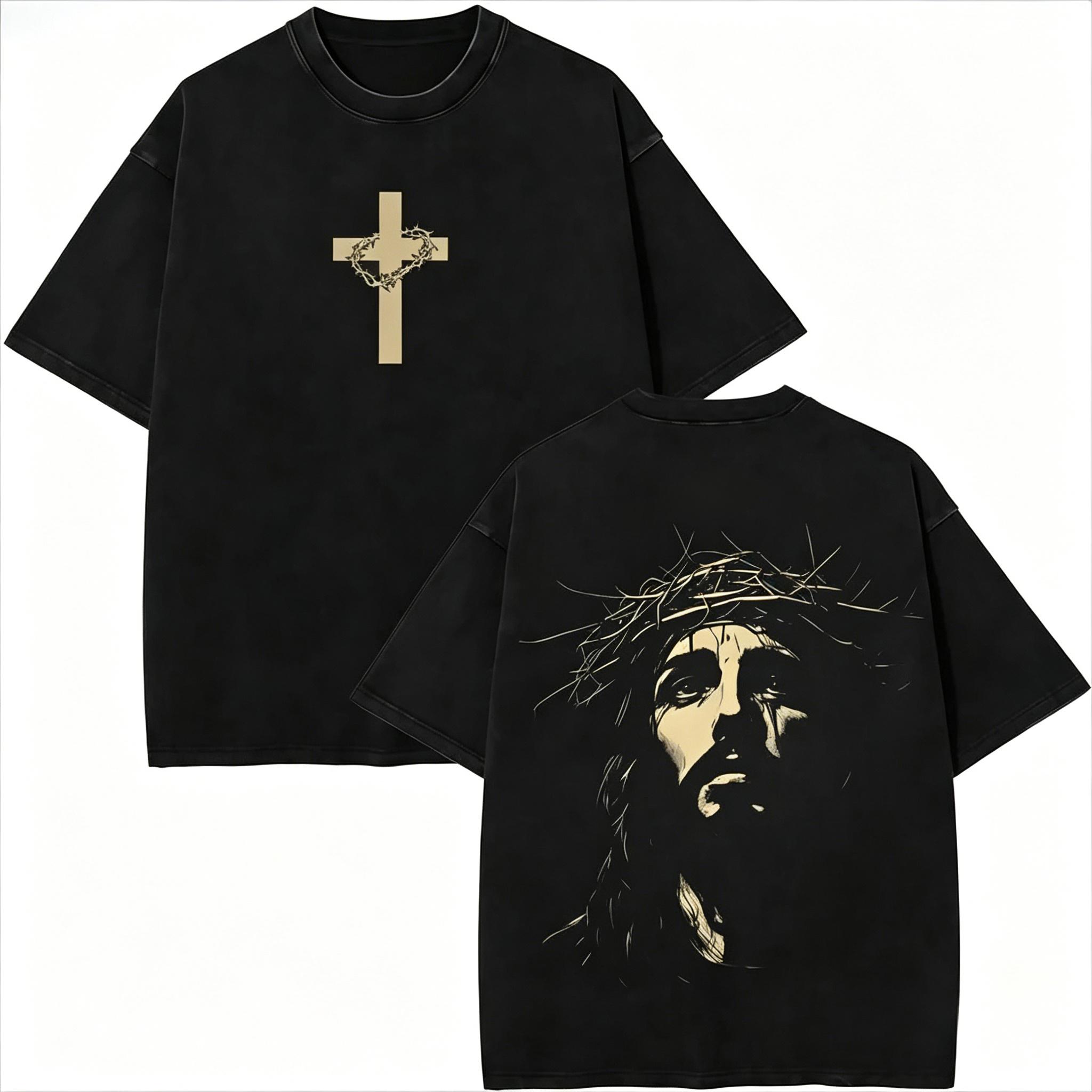 Jesus Crown of Thorns Washed Tshirt, God Apparel Tee, Easter T-Shirt, Jesus T-Shirt, Easter Streetwear, Christian Apparel Graphic Tees, Gym Pump Cover Casual Round Neck