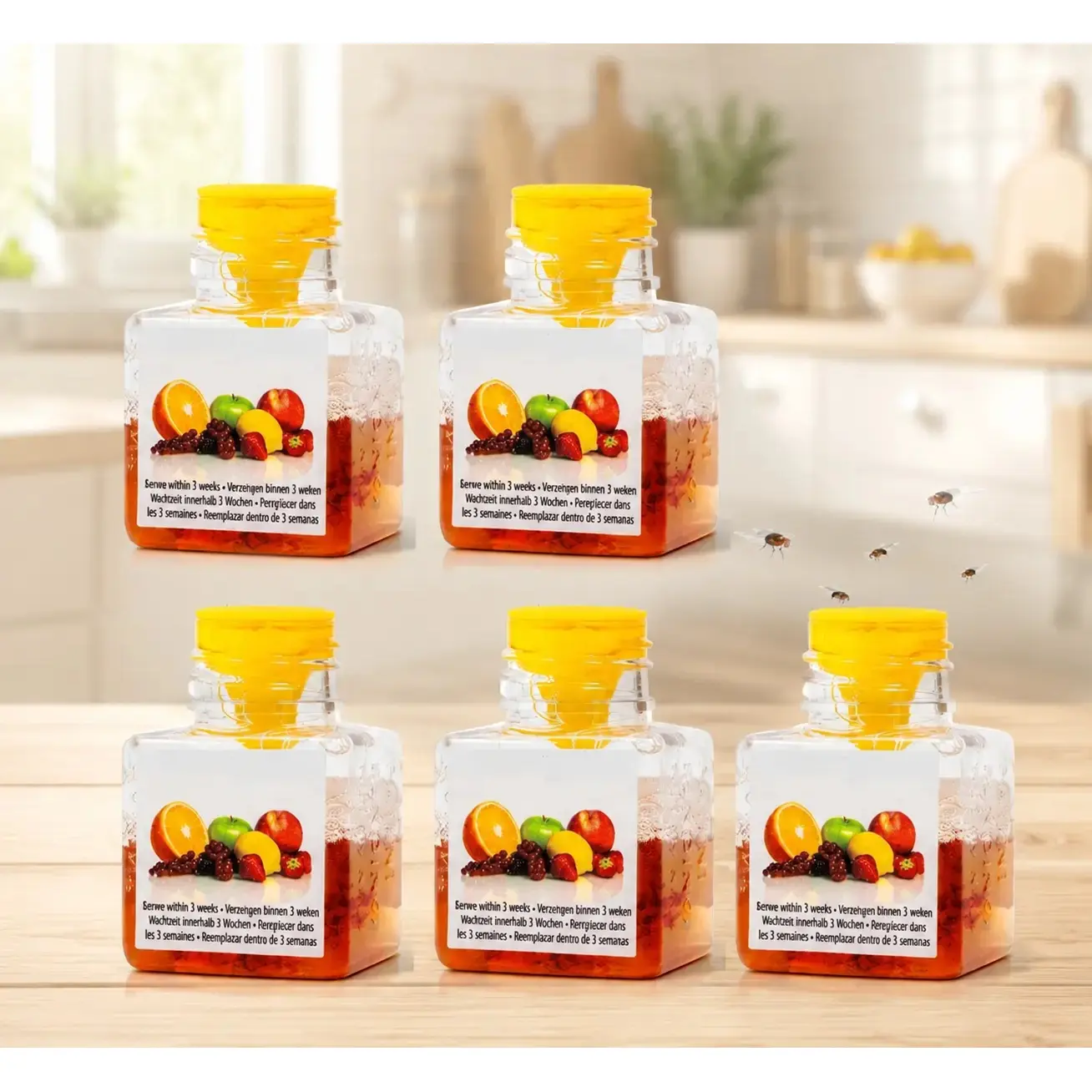 5-Pack Fruit Fly Insect Trap Set, Highly Effective Home Pest Control for Indoor Kitchen Use, 3 Weeks of Performance per Bottle, Kid-Safe Pet-Friendly Home Essentials, Fruit Fly Killer