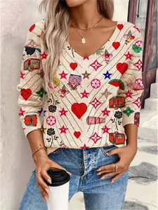 Women's Geometric Print Long Sleeve Knit Top, Casual Elegant Vacation Style Sweater Knitwear, Loose Fit V Neck, Comfortable Warm, Fall Winter