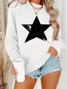 Women's Star Print Drop Shoulder Sweatshirt, Casual Long Sleeve Round Neck Pullover for Daily Wear, Ladies Clothes for All Seasons