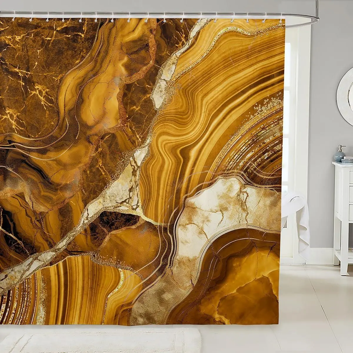 Feelyou Waterproof Shower Curtain - Yellow Gold Marble Printed Design, Modern Gold Metallic Finish Abstract Fabric, Multi-Size Washable Bathroom Curtain Set with Hooks, Printed Design Curtains