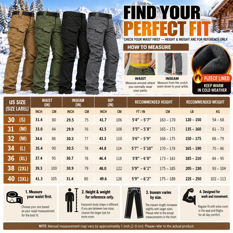 HOMUG Men's Fleece-Lined Tactical Cargo Pants, Windproof Warm Work Pants with Multi-Pockets, 320g Fabric, Regular Fit Outdoor Pants for Fall & Winter HOMUG Men's Fleece-Lined Tactical Cargo Pants, Windproof Warm Work Pants with Multi-Pockets, 320g Fabric, Regular Fit Outdoor Pants for Fall & Winter