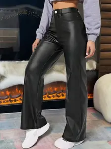 Women's High Waist Shiny PU Leather Wide Leg Pants, Fit, Matte Coating, Fashion Versatile, Perfect for Parties, Commuting, Festivals, Long Pants
