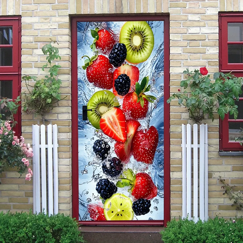 2pcs Summer Fresh Fruit Water Splash Decorative Wall Stickers Kitchen Dining Room Bedroom Background Wall Stickers Self Adhesive Removable Fruit Pattern Home Decor Stickers Strawberry Kiwi Lemon Blackber