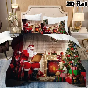 2D Flat 3Pcs Christmas Santa Claus Bedding Fireplace Decor Duvet Cover with Pillowcases Soft Microfiber Winter Holiday Theme Bedroom Decor Xmas Gift Cozy Home Quilt Cover with Decorative Pillowcase for Home Decoration Christmas Gift