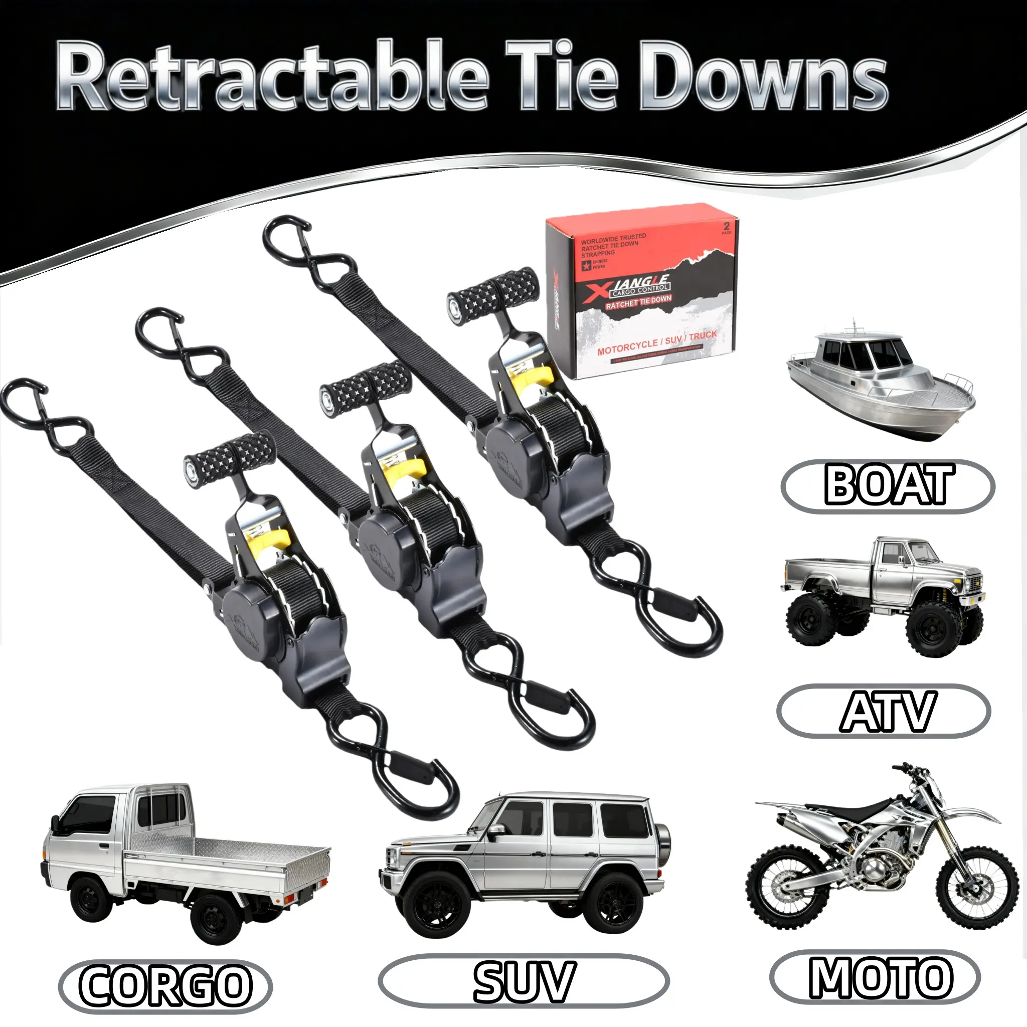1-Inch Ratchet Tie-Down Strap – Retractable, Adjustable, Anti-Tangle Cargo Strap with Locking S-Hooks, Suitable for Trucks, Trailers, Pickup Beds, Boats, Motorcycles, and ATVs