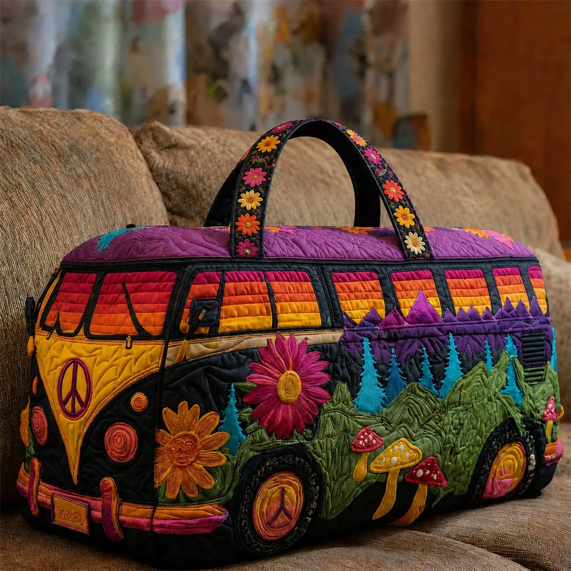 Hippie Van Quilted Duffle Bag, Colorful Retro Weekender Travel Tote, Cute Overnight Carry On Bag for Gym, Road Trip and Daily Getaways