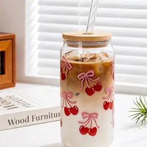 Cherry Bow Glass Cup Preppy Iced Coffee Tumbler 16oz Clear Glass with Bamboo Lid & Glass Straw Aesthetic Trendy Design for Matcha Juice or Lemon Water
