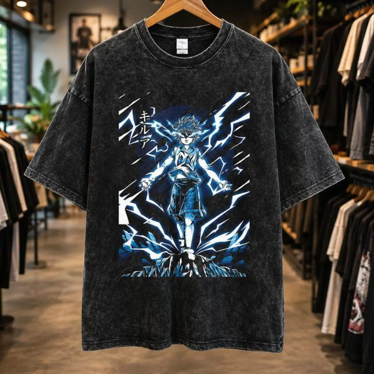 Vintage Washed Anime Graphic T-Shirt, Lightning Power Streetwear Tee, Japanese Manga Style Oversized Shirt, Unisex Acid Wash Cotton Tee, WI7
