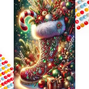 5D DIY Full Drill Round Diamond Painting Kit - Diamond Art Painting Set Christmas Boots, Candy Cane, Gifts Mosaic, Canvas - DIY Decor, Home Wall Art, Suitable for Halloween and Christmas, Birthday and Anniversary Gifts, Diamond Art Tools