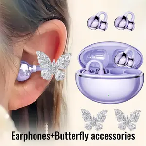 Clip-on Earbuds Jewelry Wireless Bluetooth 5.4 Comfortable Open Ear Headphones with Detachable Flower Earrings,for Women, Gift,Parties,Festival (Purple) Audio Headset