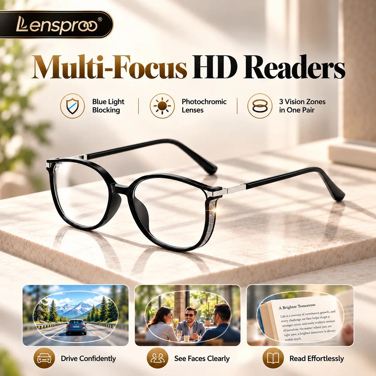 Photochromic Progressive Reading Glasses Unisex, No-Line Multifocal Blue Light Blocking Semi-Rimless Metal Frame, Lightweight Brown Glitter Readers for Screen & Close Work, sohochic