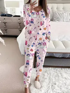 Women's K-Pop Demon Hunter Cartoon Pajama Set, Long Sleeve V Neck Top and Tie Waist Pants, Casual Fitted Homewear Sleepwear