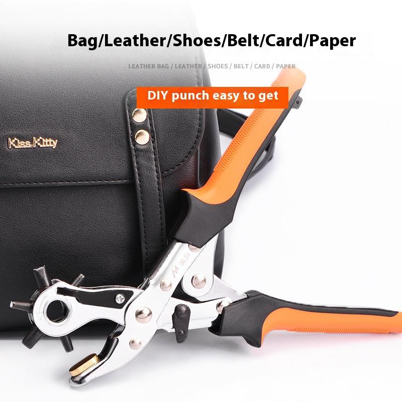 Labor-Saving Multifunctional Leather Punching Pliers, Heavy Duty Revolving Hole Punch Tool with Non-Slip Handle for Belts, Watch Straps, Dog Collars, Crafts & Office Use