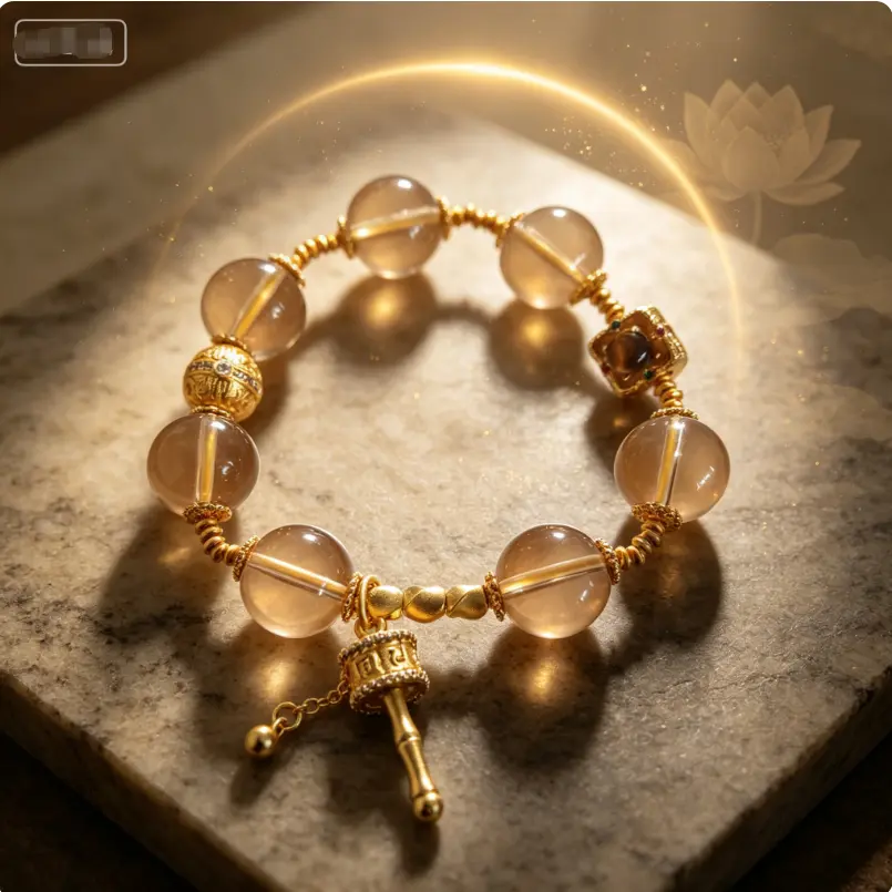 18K Gold Plated Smoky Quartz Prayer Wheel Bracelet Spiritual Guardian Amulet