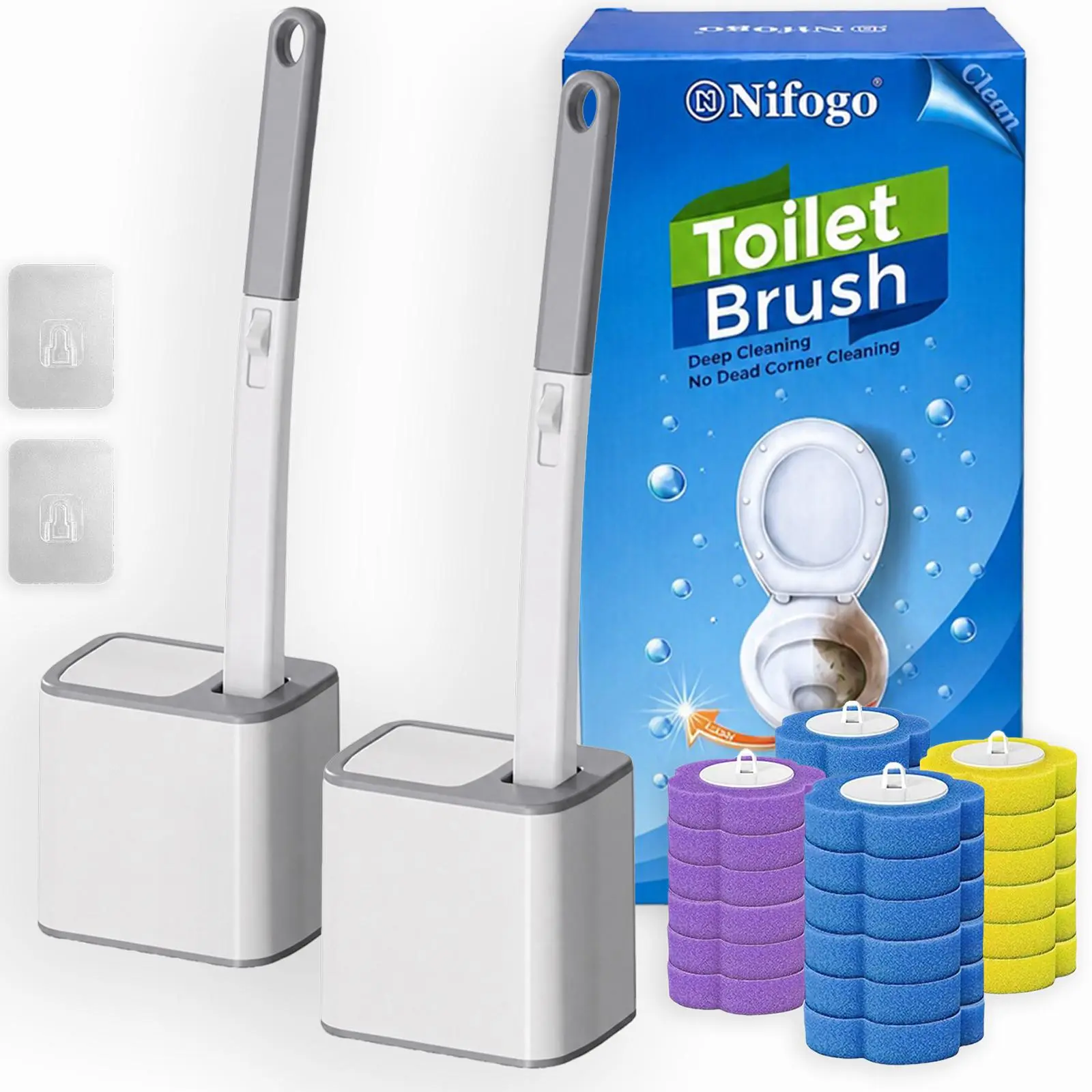 Nifogo Wall-Mount Toilet Bowl Wand Brush Set with 24PCS Disposable Cleaner Refills, All-in-One Bathroom Cleaning System for Toilet, Urinal, Sink, Bathtub, Drain & Wash Basin(Style 02 Double + 24 Refills)