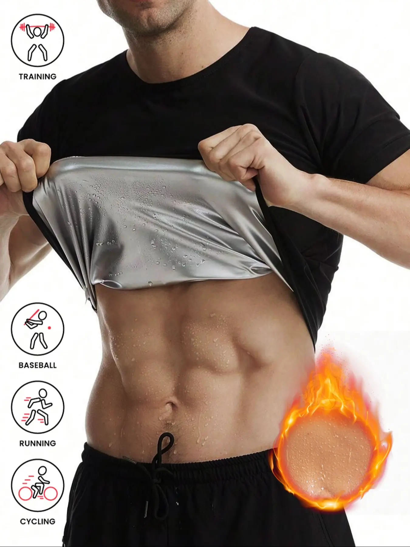 Men's PU Coated Sauna Short Sleeve T-Shirt, Compression Shaping Waist Trainer, Fat Burning Sweat Release, Thin Tight Fit, Fitness Gymwear, Running Boxing Yoga Gym Wear, Gym Workout Clothes, Compression Shirts, Sauna Sportswear