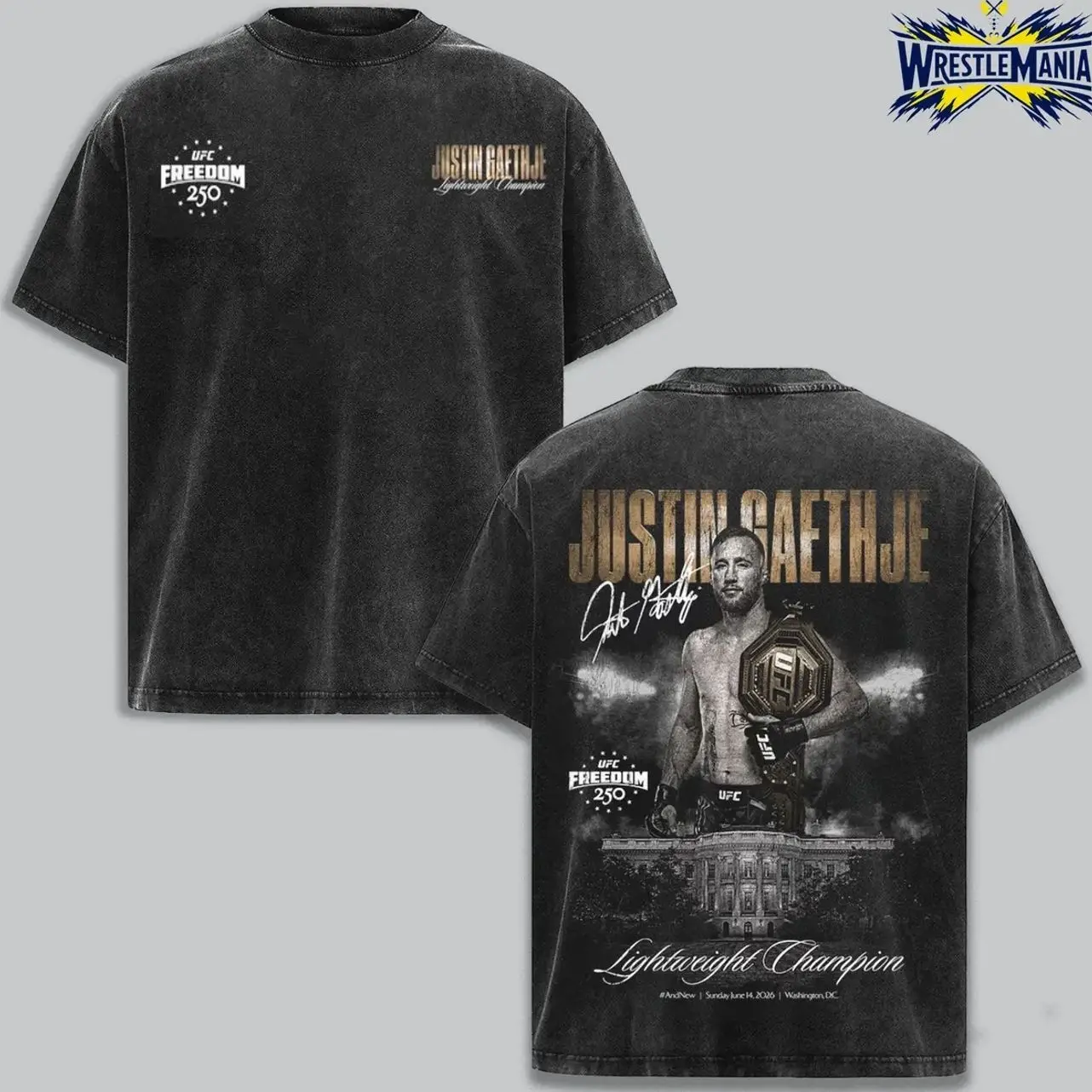 Justin Gaethje Freedom 250 Vintage Washed UFC T Shirt, Double Sided Lightweight Champion Graphic Tee, Retro MMA Fighter Shirt, Ultimate Fighting Championship Heavyweight Cotton Streetwear, Combat Sports Fan Gift FY8
