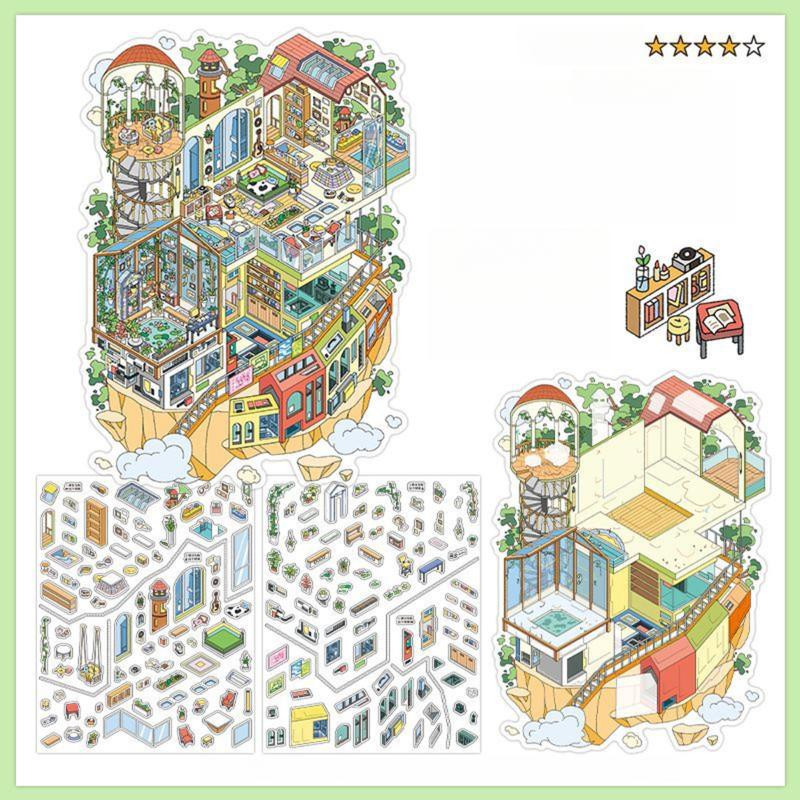 12 oversized scene stickers, fun scene themes, vintage style, PET white card dual materials, self adhesive, DIY journal decoration scrapbook notebook material sticker pack