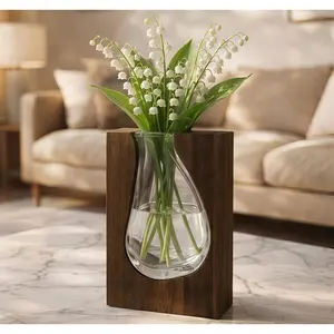 Wood and Glass Vase for Flowers - Handcrafted Solid Wood Glass Vase, Rustic Farmhouse Table Centerpiece, Artistic Wooden Vases for Home Decor Living Room (Large - Wide (9.5" H x 6.9" W))