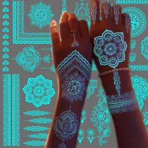 6 Sheets Blue Luminous Tattoo Stickers For Girls,Waterproof Temporary Tattoos,Tribal Lotus Tattoos Mandala Flower Pattern,Glow In The Dark Waterproof Fake Tattoos For Arm Neck Hand,Wedding Music Festival Party Supplies