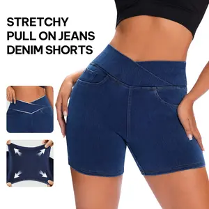 Stretchy Jean Shorts Crossover Summer Denim Shorts for Women Cute High Waisted Cotton Short Jeans with Pockets Festival Jean Shorts for Daily Wear#SummerVibes