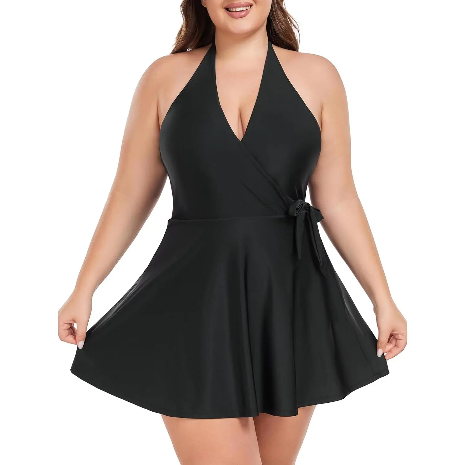 Ocean Blues Women's Plus Size V-Neck One Piece Swimdress Halter Wrap  Swimsuit Tummy Control One Piece Skirt Bathing Suit - TikTok Shop