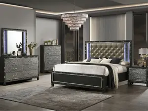 00-976K-4PC 4 pc Radiance black pearl finish wood tufted queen bed set LED lighting and shimmering accents