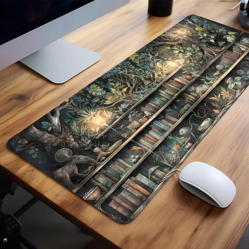 Creative Book & Tree Pattern Extended Mouse Pad, Rectangle Gaming Mouse Keyboard Pad, Office Desk Accessories, Non-slip Rubber Base Stitched Edge Desk