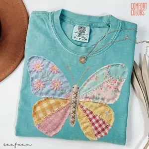 Comfort Colors Faux Patchwork Butterfly TShirt, Spring Butterfly T-Shirts, Easter Tee for Women, Floral Spring Patchwork, Gifts for Her