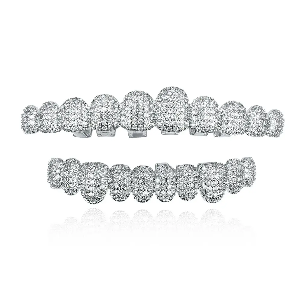 2pcs/ Set Blingbling Hip Hop Cubic Zirconia Teeth Grills 20 Teeth Top Bottom Grills Dental Mouth Punk Tooth Caps Cosplay Rapper Jewelry Oral