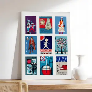 Blue And Red Labels Grid Vintage International Collection, Midcentury Style, Navy,Logos, Graffiti, Comics, Retro, Educational (Children), Posters, Canvas Art.