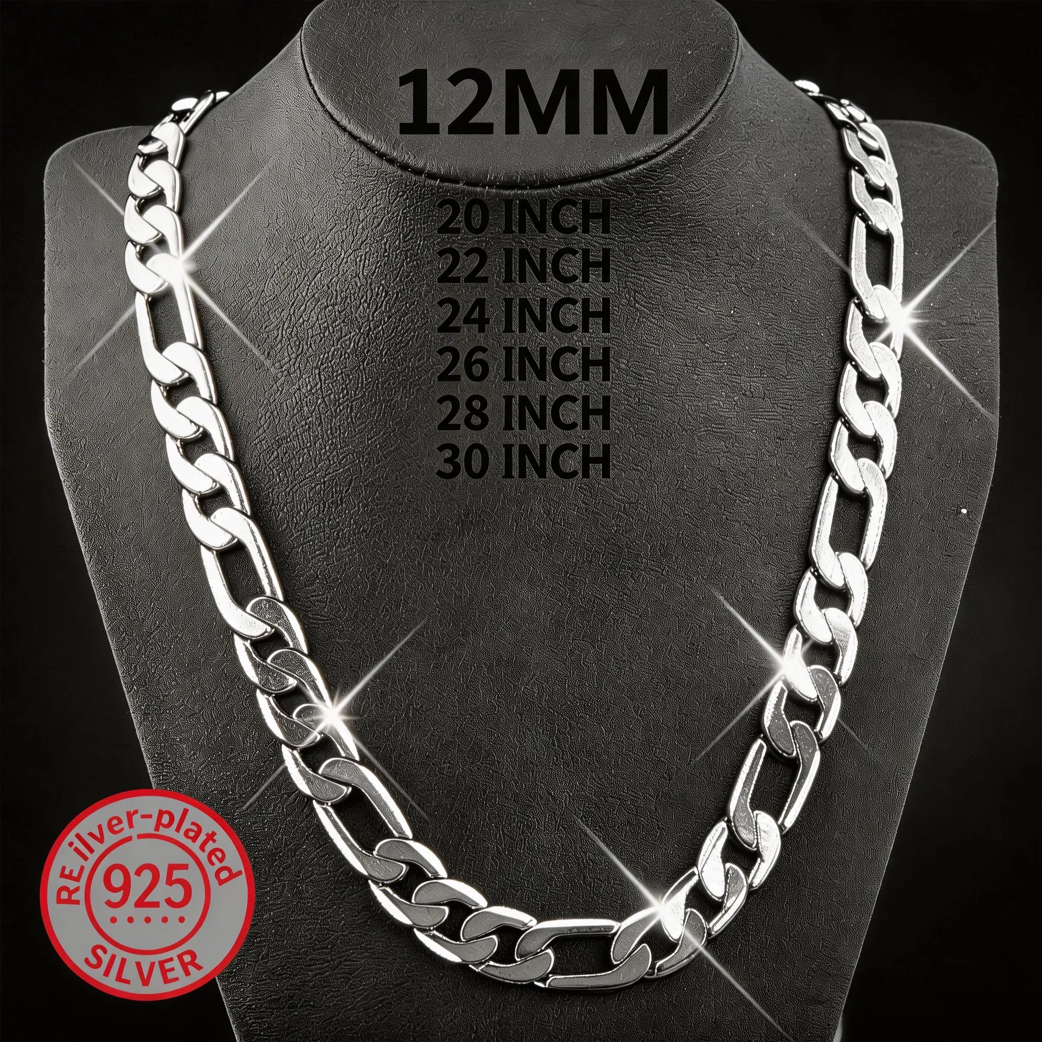 Classic 925 Silver-Plated Chain Necklace for Adults, Unisex Stylish Accessory for Daily Wear, 6-12mm Widths & 20-30 Inch Lengths, Stylish Accessories, Holiday, 10Mm, 20-30 Inches