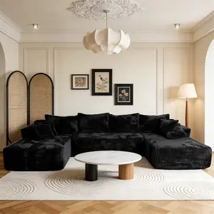 133’’ Modular U-Shape Sectional Couch, Boneless Couches for Living Room with Deep Seat, Modern Minimalist Upholstered Couches with Chaise, No Assembly Required, Black Corduroy Fabric Sofa.