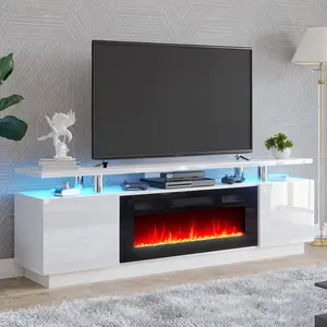 [Ships in 2 Boxes] AMERLIFE Fireplace TV Stand for Living Room, Modern High Gloss Entertainment Center with LED Lights , 2 Tier Storage Cabinet for TVs Up to 80in/90in/Remote Control/Colorful Flame/Energy Efficient/Best Gift Ideas/Christmas Gifts