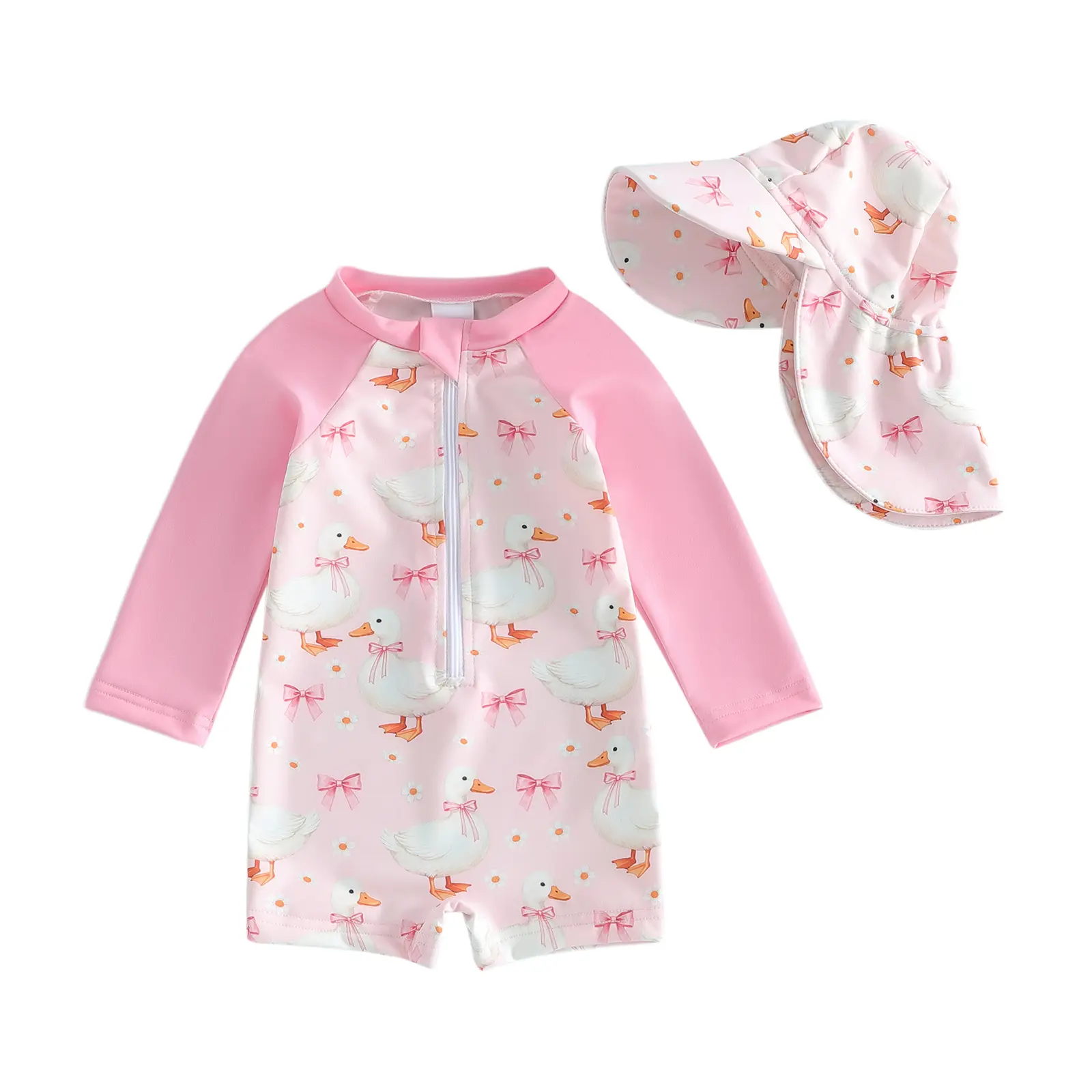 [Lullaby] Toddler Baby Girls Rash Guard Swimsuit with Hat 2 Pcs Set Goose Flower Bow Print Half Zip Up Long Sleeve Swimwears, Baby Clothing, Floral Print Swimwear
