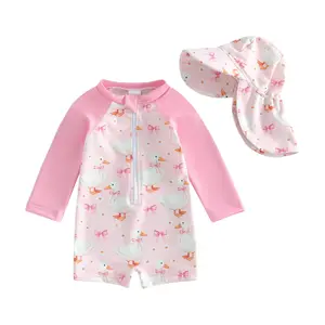 [Lullaby] Toddler Baby Girls Rash Guard Swimsuit with Hat 2 Pcs Set Goose Flower Bow Print Half Zip Up Long Sleeve Swimwears
