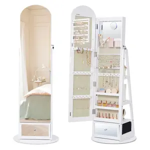 SONGMICS 360° Swivel Jewelry Cabinet, Full-Length Arched Mirror with LED Lights, Magnifying Mirror, Storage Shelves, Drawer