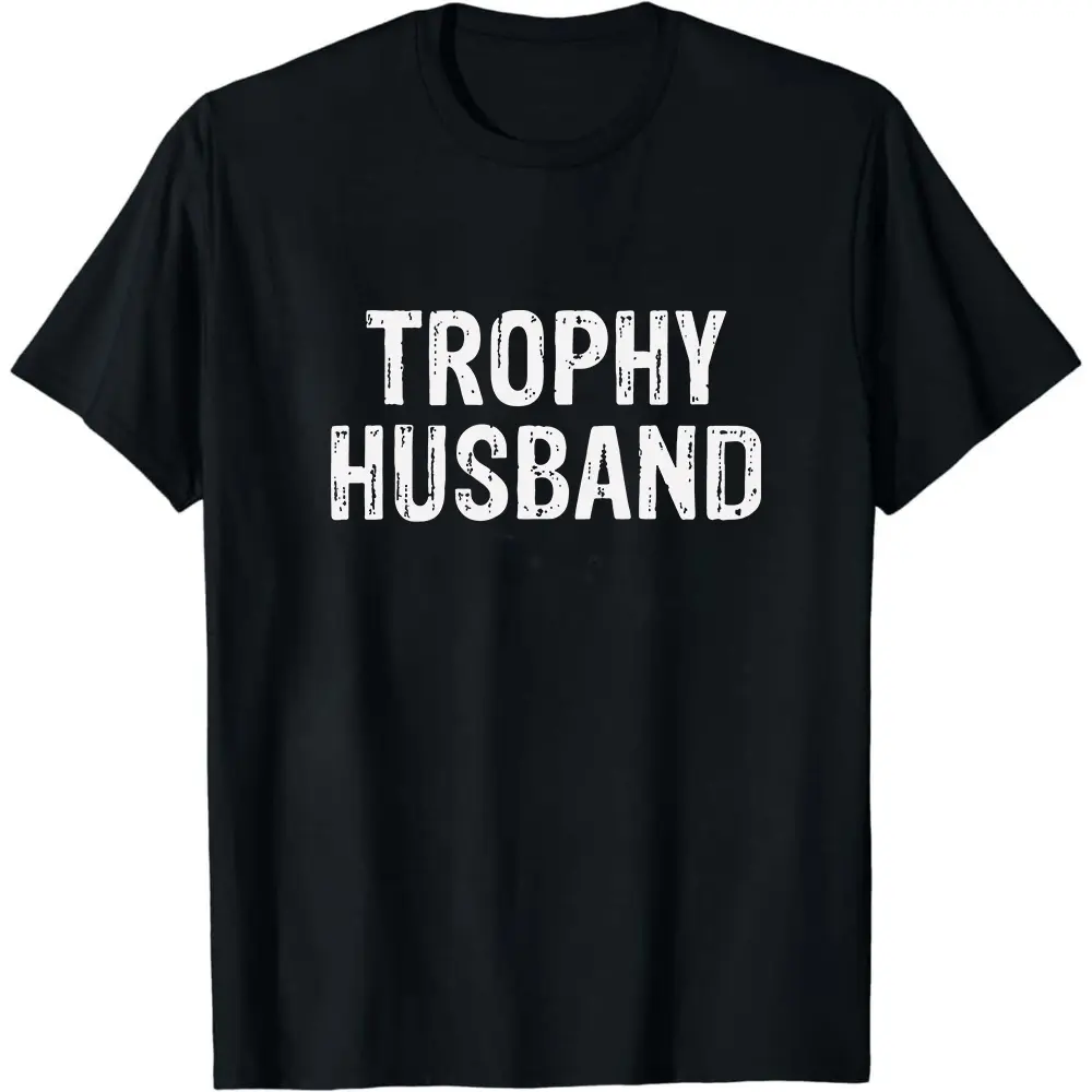 Crew Neck Tee for Men 'TROPHY HUSBAND' Bold Text Design Vintage Distressed Look Comfortable Fit for Casual Attire Ideal Gift for Him PLUS SIRetro Casual Short-sleeved T-shirt with a Round Neck