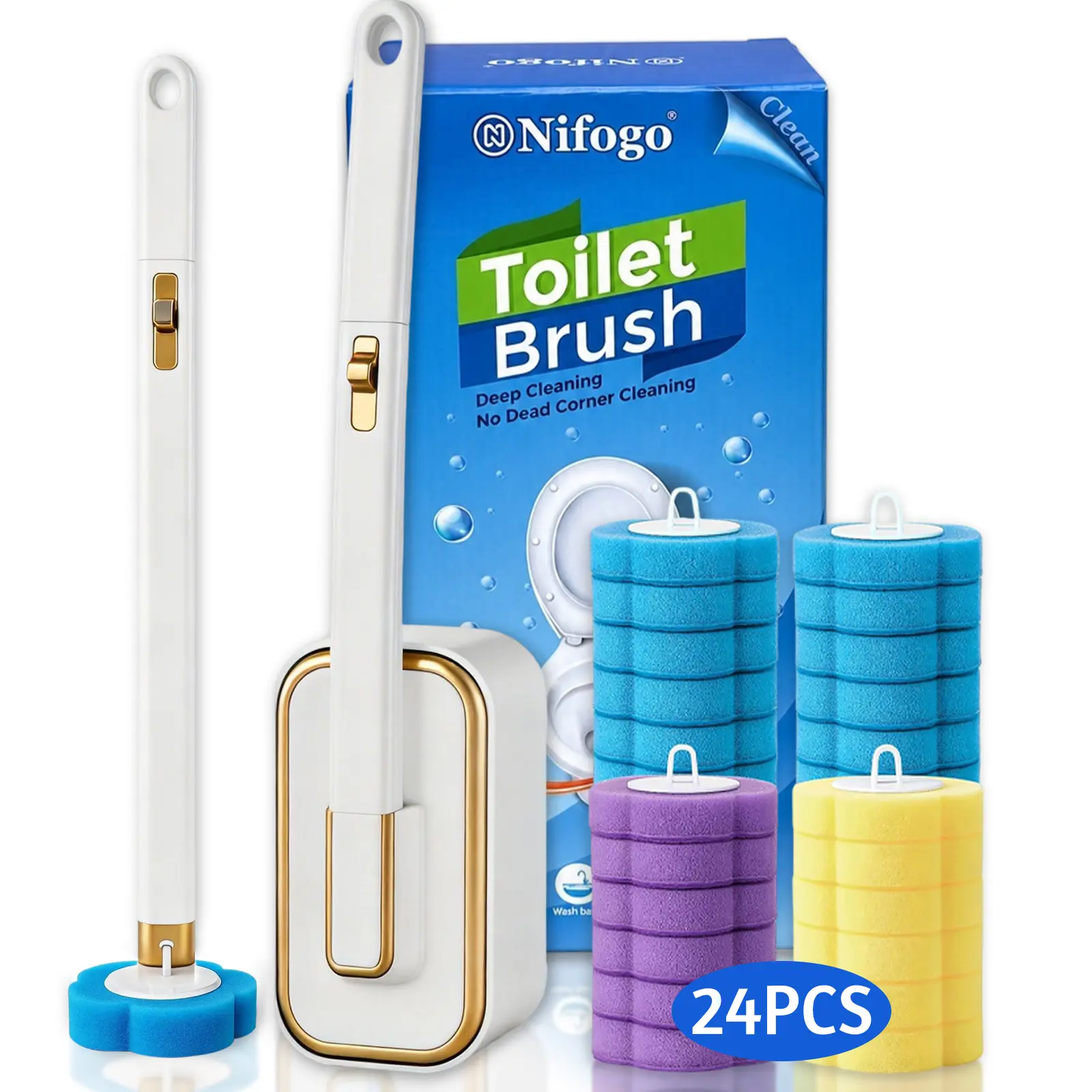 Nifogo Disposable Toilet Brush, 24PCS Cleaner Refills with Wall Bracket, Full Bathroom Cleaning Kit, Easy Installation, Multi-surface Household Cleaner